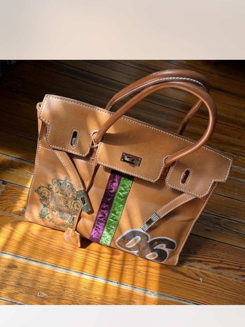 Tan Leather Tote Bag with Purple & Green Accent